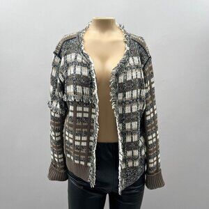Cabi‎ Plaid Fringe Open Classic Cardigan Sweater #4097 Brown Gray Womens M